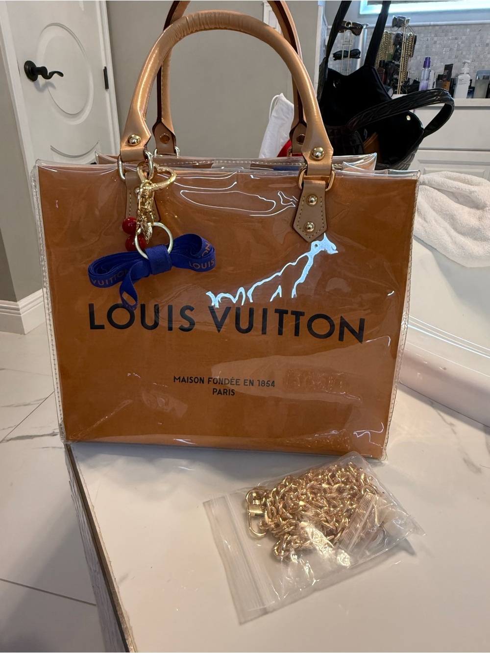 LV Cognac Patent Clear Tote with Gold Hardware